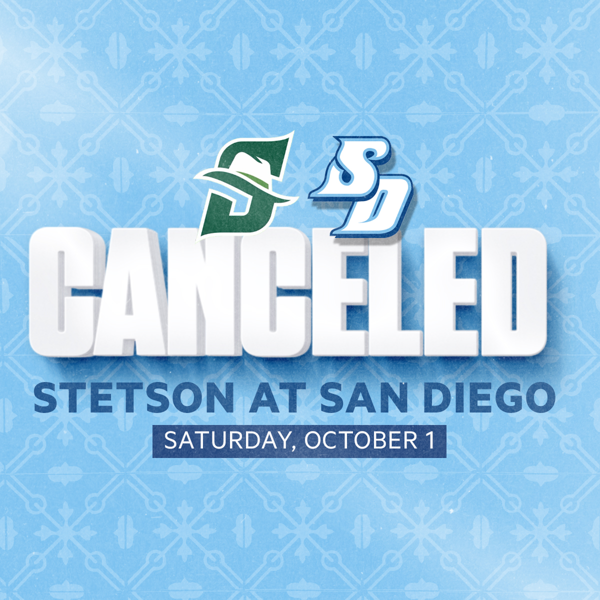 Due to circumstances caused by Hurricane Ian, our home game against @StetsonFootball this Saturday has been canceled. Stay tuned to our social media accounts and usdtoreros.com for updates.