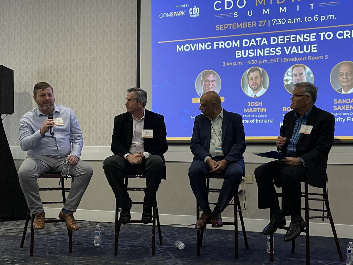 IndianaMPH's tweet image. @INDataJMartin is speaking on a panel at today’s #CDOMidwestSummit in Cincinnati. Hosted by @magazine_cdo, this session is titled “Moving from Data Defense to Creating Business Value.” #data