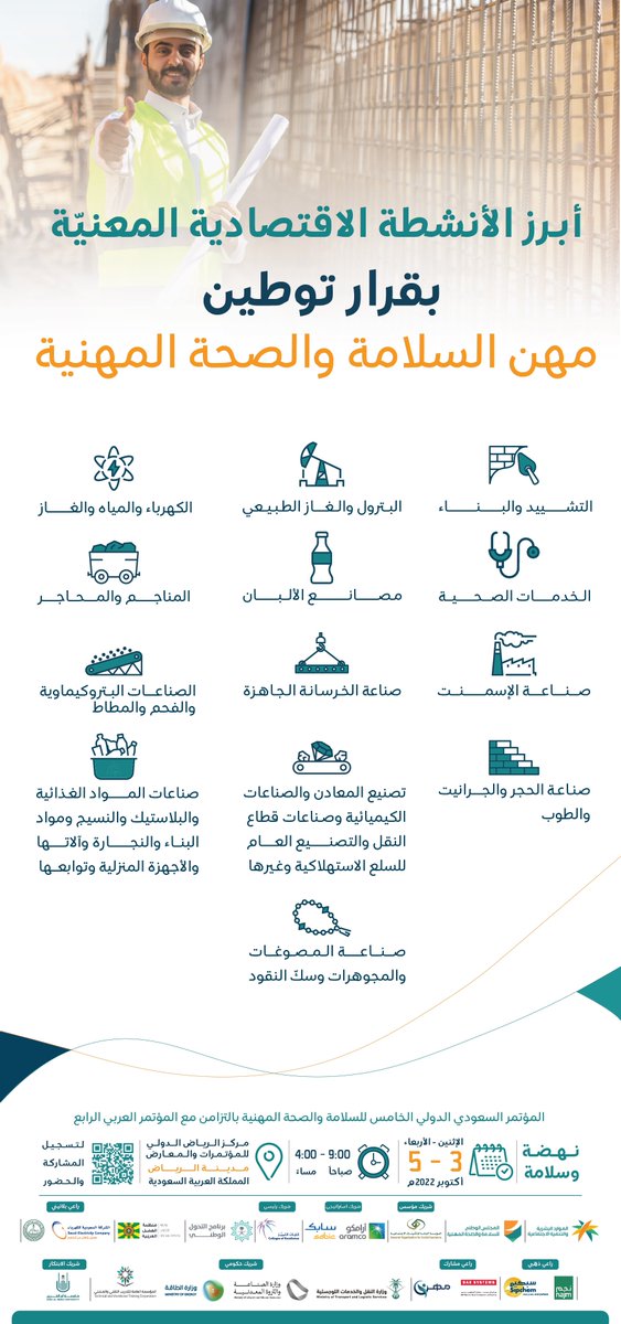 HRSD_SA's tweet photo. ما هي الأنشطة التي يشملها قرار (توطين مهن السلامة) ؟
 @iloarabstates بشعار #نهضة_وسلامة سجّل في
#مؤتمر_السلامة_والصحة_المهنية الخامس  عبر الموقع:
https://t.co/UPiDettbpG https://t.co/gktPpP1QVX