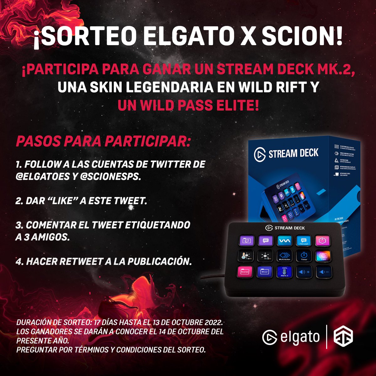 🎟️🚨 ¡¡¡GIVEAWAY!!! 🚨🎟️

Ven y participa para ganar un Stream Deck MK.2 y otros premios que nuestros amigos de Elgato tienen para ti!🤩👌

Pasos para participar:
1. Follow a <a href="/elgatoES/">Elgato ES - LATAM</a> y <a href="/scionesps/">Scion Esports Series</a> .
2.  Like y RT a este tweet.
3. Tag a 3 amigos.

#ElgatoPartner #CreateGreatness