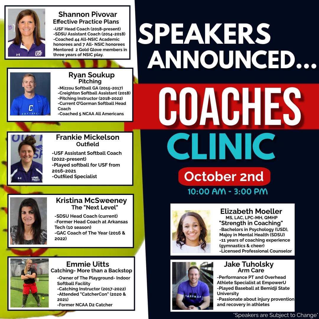 pgsiouxfalls's tweet photo. Coaches Clinic- Sunday, October 2nd.
10am-3pm
This is a lineup that you will NOT want to miss!
Join us at The Playground-Indoor Softball Facility to learn about what it takes to be a successful coach.
#PGfam https://t.co/cztt8FpeeI