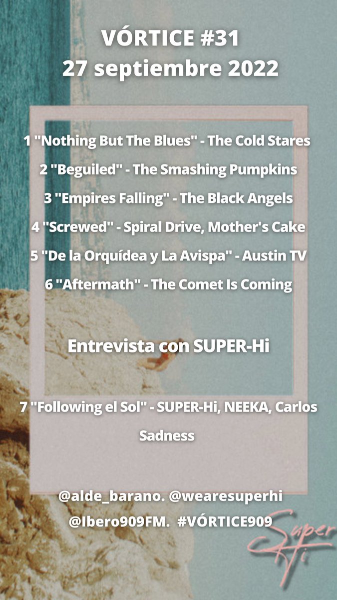alde_barano's tweet photo. Acá la PL del #VÓRTICE909 de hoy. Gracias a @wearesuperhi por la plática que nos regalaron ala ire y gracias a ustedes por la sintonía. ¡Nos escuchamos mañana por @Ibero909FM!

@thecoldstares @SmashingPumpkin @theblackangels #SpiralDrive @austin_tv @cometcoming https://t.co/lYXp7eH9z6