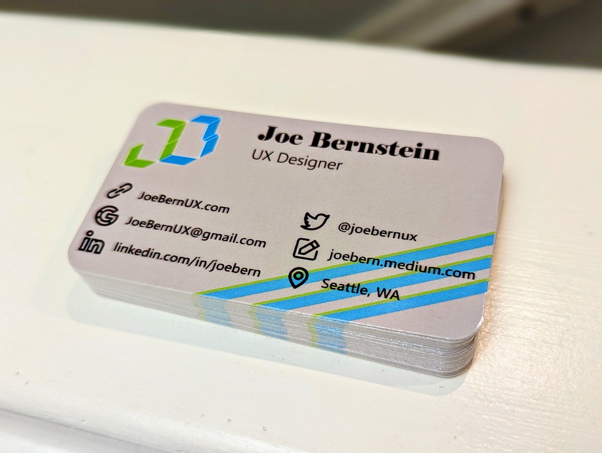 joebernux's tweet photo. New business cards just dropped. You can tell I design things because of the border radii.
Come get one in person at Seattle UX Happy Hour this Thursday!
https://t.co/T9UTU81jOR
#ux #seattleux #UXHH https://t.co/ILTqlzqi2E
