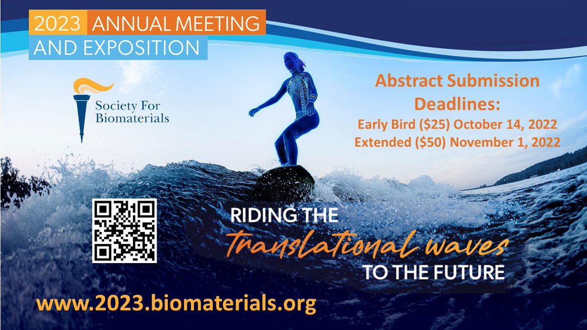 We invite you to submit an abstract for SFB 2023 in San Diego, CA! The abstract submission deadlines are October 14th (Early Bird $25) and November 1st (Extended $50)! 2023.biomaterials.org