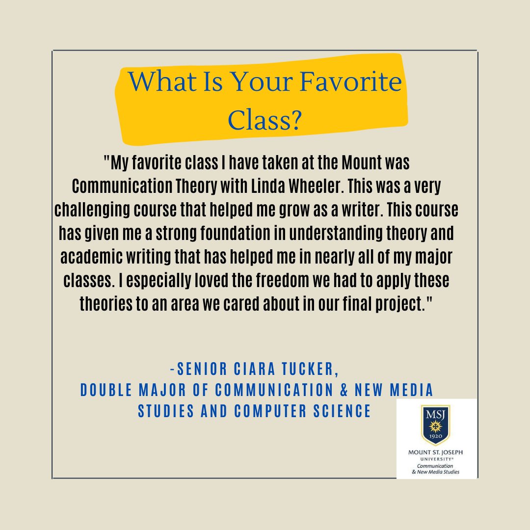 MSJCOM's tweet image. Asking our com majors what their favorite class has been so far and why. This week we asked Senior double major, Ciara Tucker!
#communicationtheory