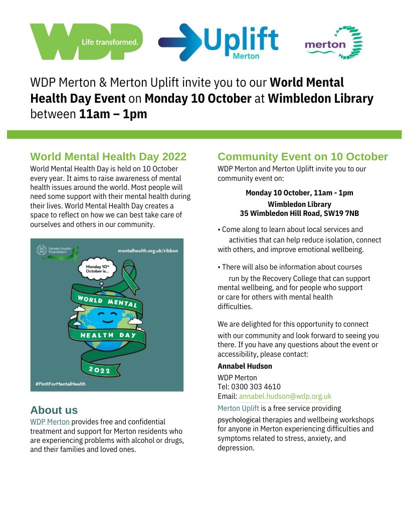 MertonWellbeing's tweet photo. Less than 2 weeks to go until our Community Event with WDP at Wimbledon Library!

@wdp
@mertonlibraries

#nhs #mertonuplift #wdp #mentalhealth #worldmentalhealthday #wimbledonlibrary #wellbeing #communityevent https://t.co/6gmmhVz81q