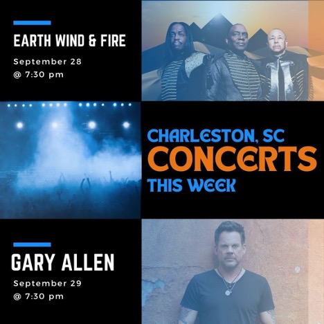 Concerts in Charleston happening this week only!  
- Earth Wind &amp; Fire  
- Gary Allan  
- Kevin Gates  
- Trevor Wallace  
Buy tickets to your favorite artist now before it's sold out. cityofcharleston.com #charlestonevents #cityofcharleston #cofc