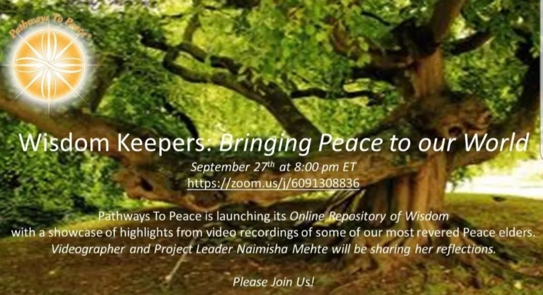 Don't forget to join us at 8pm EST tonight for the launch of our Wisdom Keepers project!

#pathwaystopeace #CultureofPeaceInitiative #peaceday #wisdomkeepers