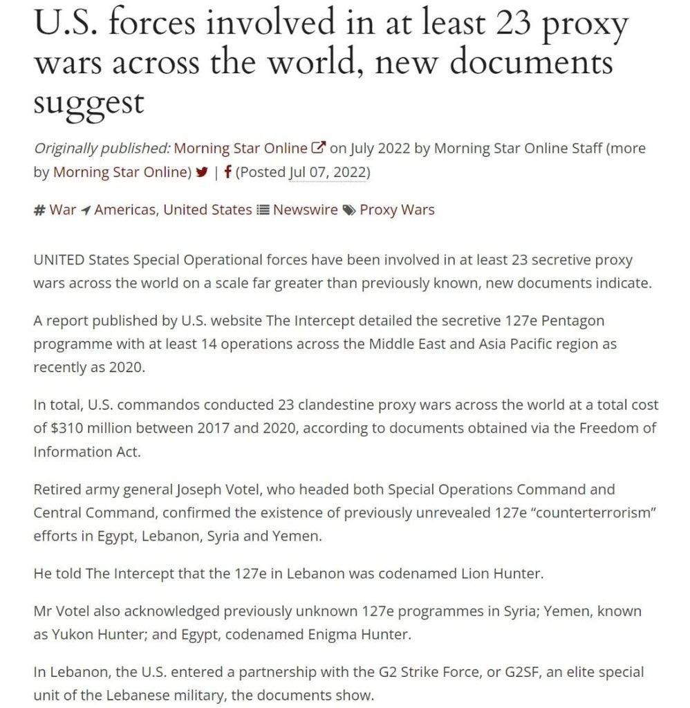 تشير وثائق جديدة إلى أن القوات الأمريكية متورطة في ما لا يقل عن 23 حربا بالوكالة في جميع أنحاء العال...