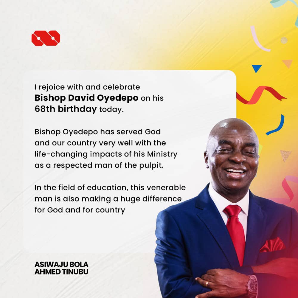 Happy birthday Bishop David Oyedepo
My dear father in the Lord
From same town
Tinubu\s families loves you Sir 