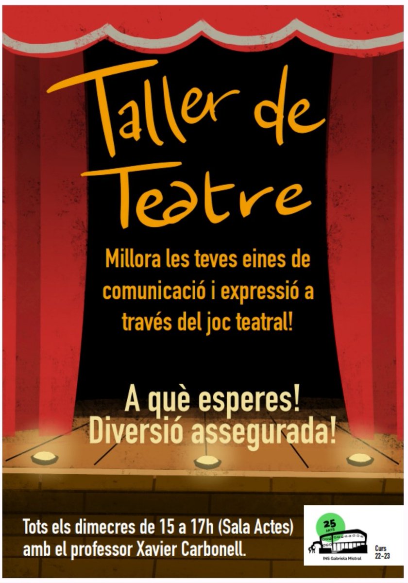 InsGabriela's tweet photo. Taller de teatre al nostre institut!!! Tots els dimecres de 15 a 17 hores a la Sala d'Actes amb el professor Xavier Carbonell. Veniu i gaudiu!!🎭
#somgabriela #teatre #taller #expressio #comunicacio https://t.co/XO6LnbZFBt
