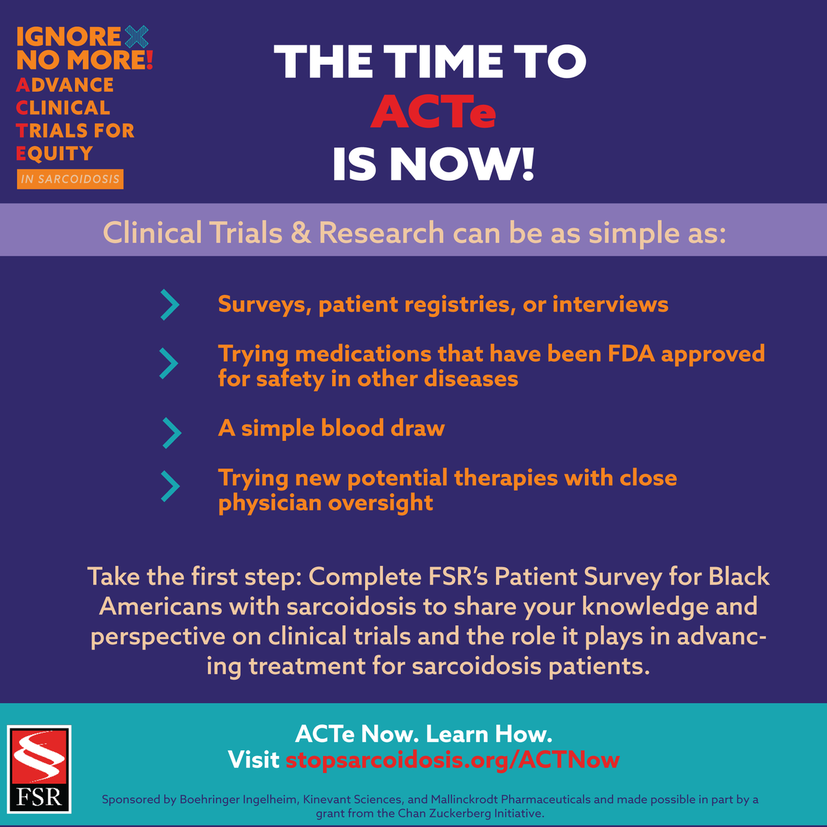 StopSarcoidosis's tweet photo. How much do you know about clinical trials? There are more #sarcoidosis trials than ever before, so the time to LEARN is now. 

Share your experience and knowledge by taking this survey: https://t.co/zsAax7yNhm

#IgnoreNoMoreACTNow #RepresentationMatters #Equity #sarctwitter https://t.co/750hYhfu8N