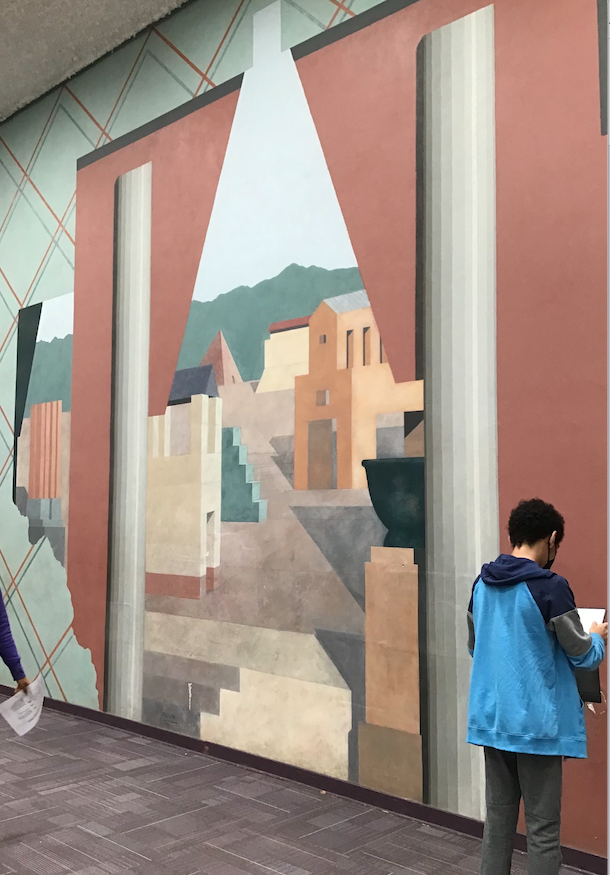 PrincetonMS_LC's tweet photo. Mrs. McGhee's Investigative Journalism students using their school @nytimes accounts to learn about the Michael Graves mural in our Commons area and documenting meaningful elements referenced in the article. @mcgheelisa2 @michaelgravesdesign https://t.co/K5cHPCgi9P https://t.co/kVvWvjJQMi