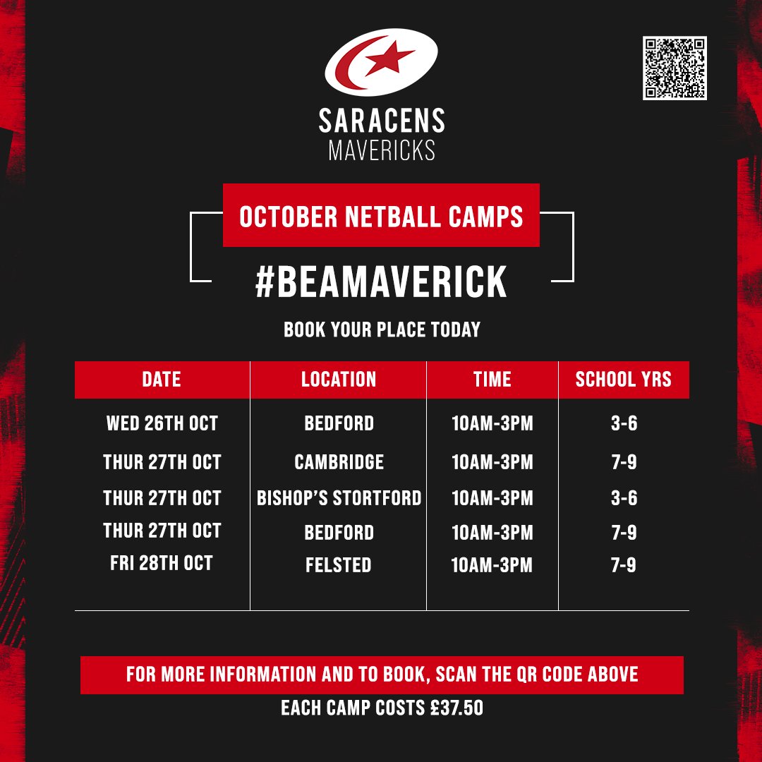 𝗢𝗰𝘁𝗼𝗯𝗲𝗿 𝗡𝗲𝘁𝗯𝗮𝗹𝗹 𝗖𝗮𝗺𝗽𝘀

Why not join us for one of our October half-term netball camps and learn what it takes to #BeAMaverick? 🙌

Find your nearest session here 👉 bit.ly/3rcvJkM

#BeAMaverick🖤❤️