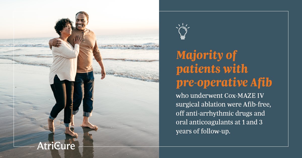 AtriCure's tweet photo. Treating Afib with Cox-Maze IV surgical ablation during cardiac surgery is safe and effective for the majority of patients (>81%) having no recurrence of Afib at 1 and 3 years of follow-up. #TRACAF #CardioTwitter https://t.co/dzGfXMsWor https://t.co/8HHtxo67Zo