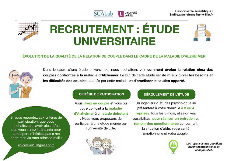 tellerain_laura's tweet photo. ⚠️ < RECRUTEMENT PARTICIPANTS > ⚠️

☀️ Dans le cadre d’un master 1 de psychopathologie et psychologie de la santé, une étude sur l’évolution de la qualité de la relation de couple au sein de la maladie d’Alzheimer est réalisée.
 
#recrutement #Alzheimer #aidants #psychologie https://t.co/pHZKy7lG0D