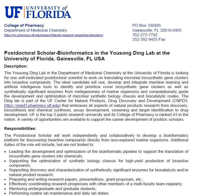 CPICSEVE's tweet photo. Postdoctoral position available!!!!
Prof Ding’s lab offers a Postdoctoral position at the University of Florida, Gainesville, USA. The work includes trnalsation of microbial biosynthetic gene clusters into bioactive compounds. Attachments for more details: https://t.co/4NxykLQdYW