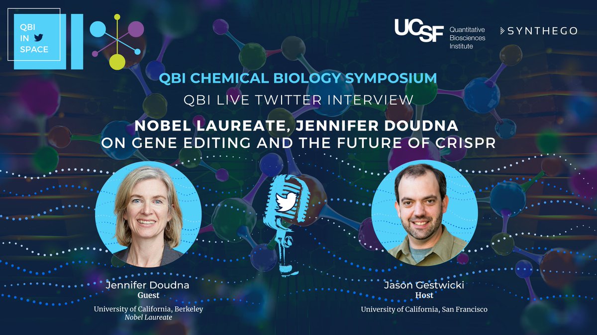 QBI (@qbi_ucsf) on Twitter photo As part of the #QBIChemBio22 Symposium today, <a href="/jadoudna/">Jennifer Doudna</a>, Nobel Laureate, co-inventor of #CRISPR-Cas9 & Professor at <a href="/UCSF/">UC San Francisco</a>/<a href="/UCBerkeley/">UC Berkeley</a> will participate in a Twitter Space hosted by Jason Gestwicki. Tune in at 1:30 PT to hear about her work!
qbi.ucsf.edu/twitter-space-β¦ As part of the #QBIChemBio22 Symposium today, <a href="/jadoudna/">Jennifer Doudna</a>, Nobel Laureate, co-inventor of #CRISPR-Cas9 & Professor at <a href="/UCSF/">UC San Francisco</a>/<a href="/UCBerkeley/">UC Berkeley</a> will participate in a Twitter Space hosted by Jason Gestwicki. Tune in at 1:30 PT to hear about her work!
qbi.ucsf.edu/twitter-space-β¦