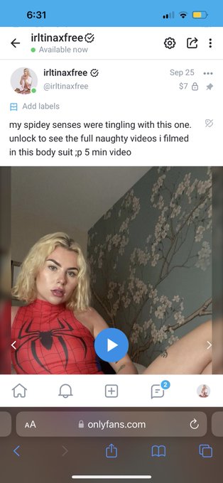 haven&rsquo;t seen my spider-man bodysuit solo video yet? go to free only fans page &amp; unlock 😘 irltinaxfree