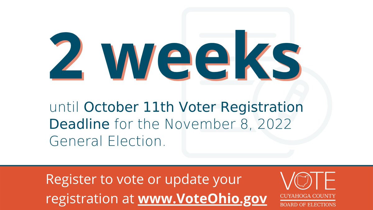 There are just two weeks left to register to vote for the November 8, 2022 General Election

Register to vote or update your registration today at VoteOhio.gov