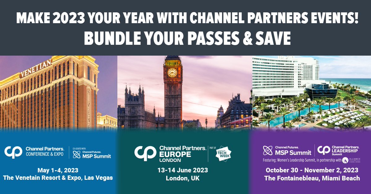 We are excited to announce the dates for all three of our 2023 #ChannelPartners and @ChannelFutures events! 

Bundle 2 or more events in 2023 to save up to 20% on your passes. Fill out the form here to lock in your discount. >> spr.ly/6017Mk72T