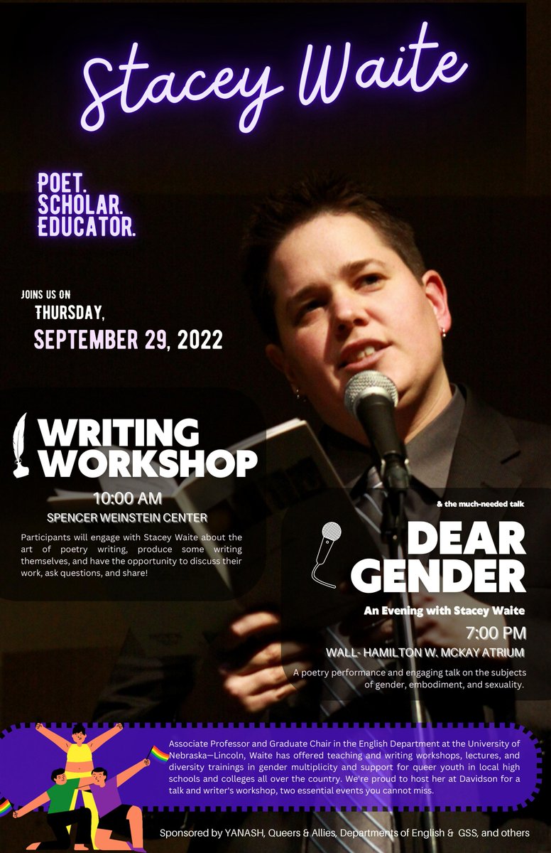 DavidsonENG's tweet image. On Thursday there will be an amazing opportunity for students to workshop and speak with Stacey Waite, a renowned poet, scholar and educator.
