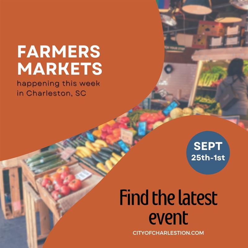 Farmer's markets happening this week in the city of Charleston. Get your favorite fresh produce all locally grown. Visit our website for more information: cityofcharleston.com 
 
#cityofcharleston #charlestonevents #southcarolina #events #city #fun #venues #talent #festival