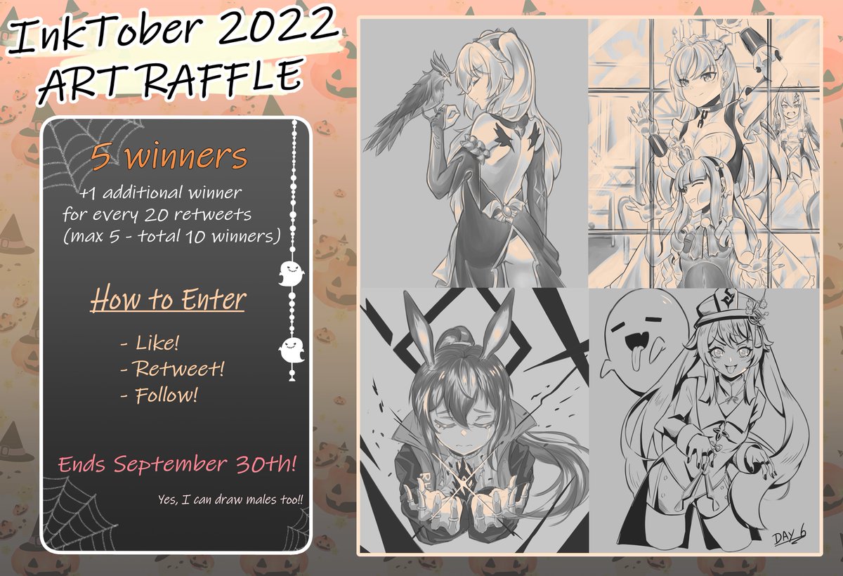 🎃INKTOBER ART RAFFLE!! 👻 

-5 winners +1 more every 20rts (max 5)
-monochrome drawing of your design!

rules:
-Like!
-RT! (no quote rt)
-Follow!

bonus: comment your design! 

Ends September 30th!

Best of luck!!

#raffle #ENVtuber #Vtubers #VtubersUprising