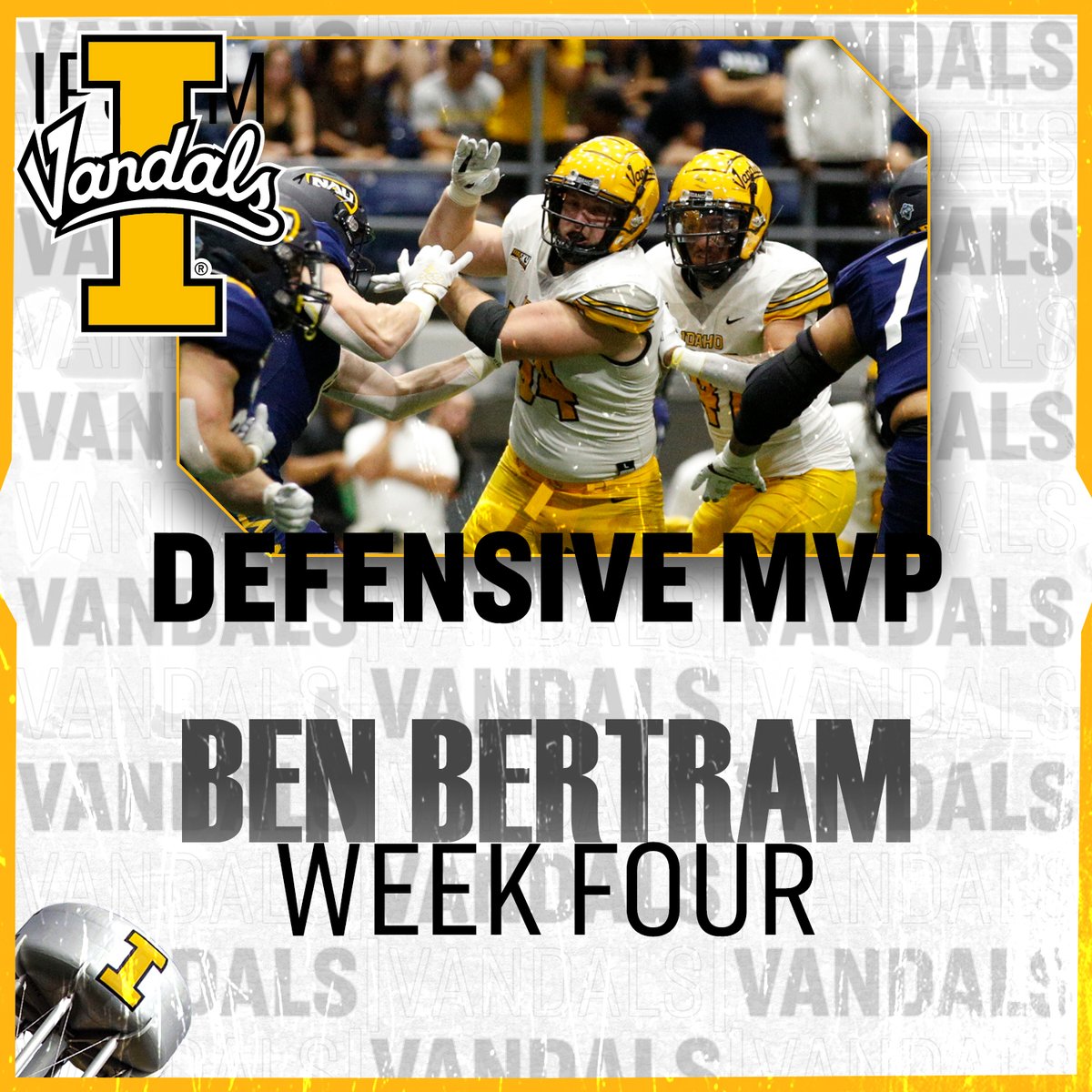VandalFootball's tweet photo. .@bbertram54 earned his first Vandal start and put big pressure on the Lumberjacks. He had a pair of TFLs and a QB hurry. 

#GoVandals https://t.co/1QZWclR2rq
