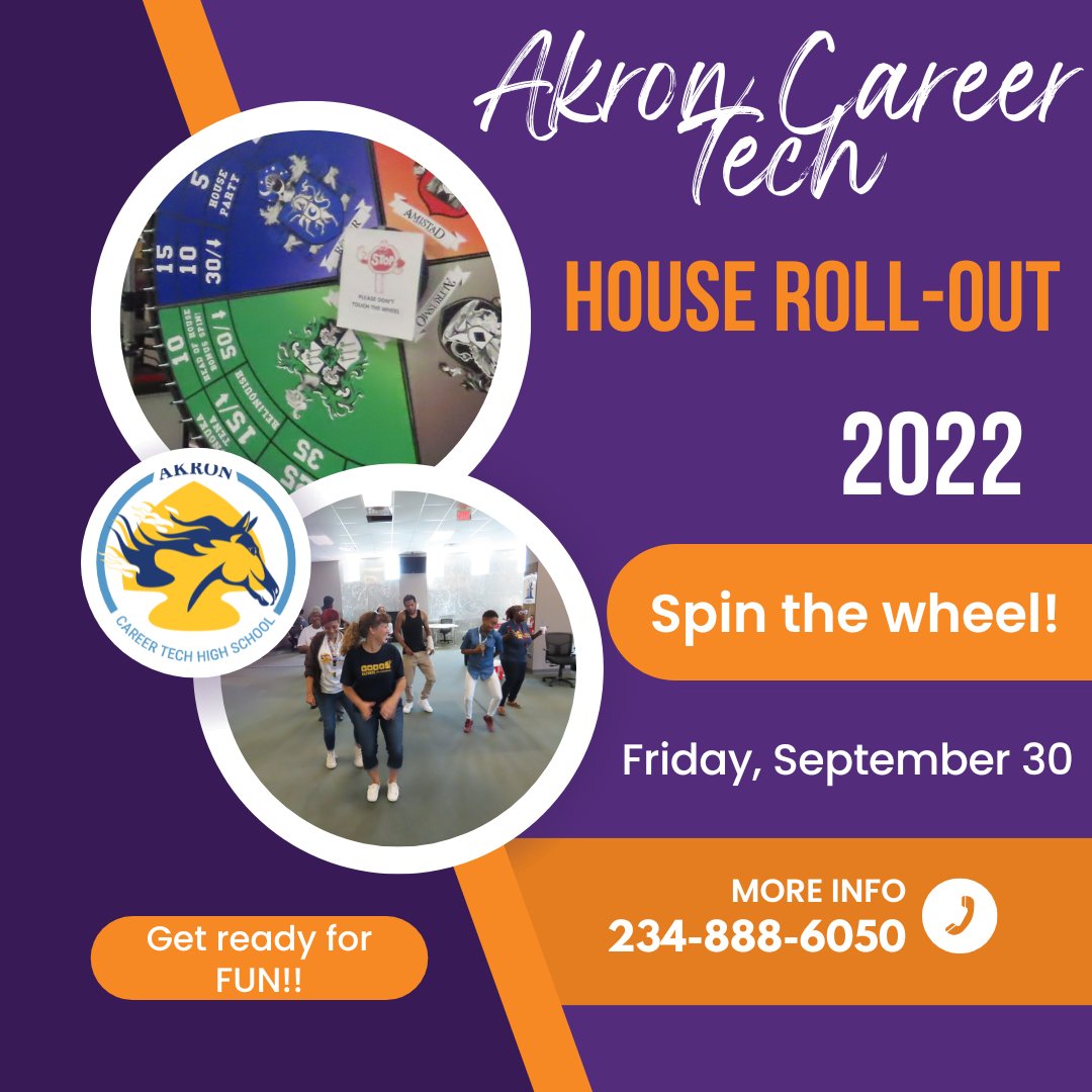 AkronCareerTech's tweet photo. Get ready to spin the wheel!!

Akron Career Tech High School students: our House Roll-Out is this Friday, September 30! This is when you'll finally get to spin the big wheel to determine which of the four houses you'll be in this school year!

#ACT #Akron #Akroncareertech https://t.co/BUl0ZDIf0u