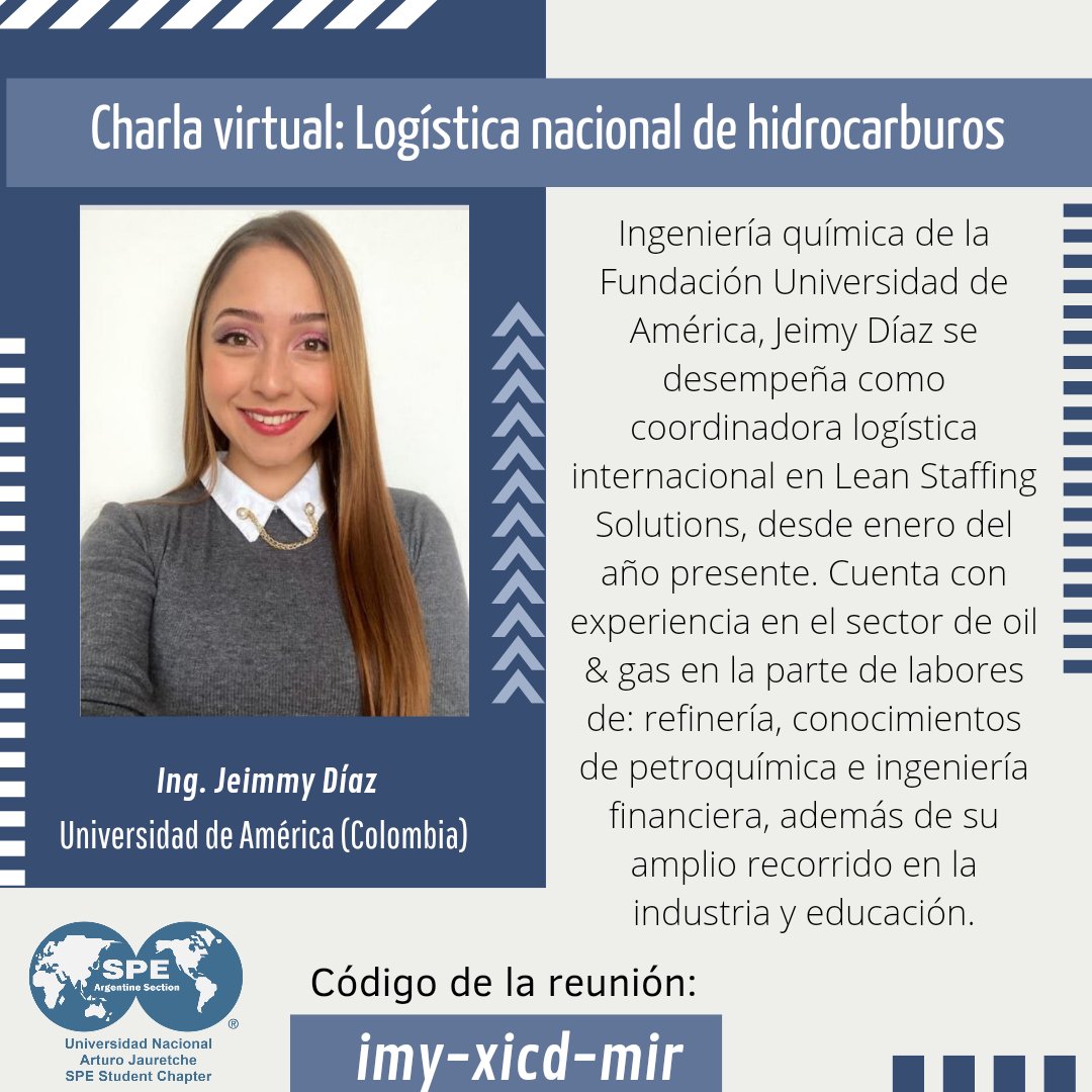 SpeUnaj's tweet photo. Buenas tardes a todos!
El Sábado 8 de Octubre la ingeniera química y experta en labores de refinería presentará desde Colombia 🇨🇴 la charla "LOGÍSTICA NACIONAL DE HIDROCARBUROS" 🤩 que será transmitida por Google Meet
Los esperamos a todos 🤗 https://t.co/F7dlv80wo4
