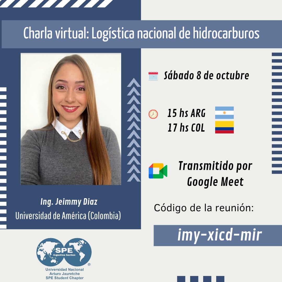 SpeUnaj's tweet photo. Buenas tardes a todos!
El Sábado 8 de Octubre la ingeniera química y experta en labores de refinería presentará desde Colombia 🇨🇴 la charla "LOGÍSTICA NACIONAL DE HIDROCARBUROS" 🤩 que será transmitida por Google Meet
Los esperamos a todos 🤗 https://t.co/F7dlv80wo4