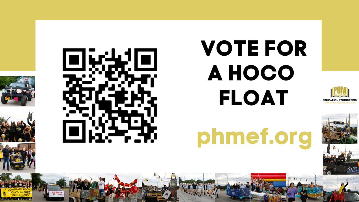 PHM Ed Foundation (@phmedfoundation) on Twitter photo VOTE! VOTE!! VOTE!!! There's still time to vote for your favorite HOCO Float/Group!! Cash prizes are on the line!!!
Vote online at phmef.org. Votes are $5 and VOTING ENDS AT 5:00pm FRIDAY!!!
<a href="/PHMschools/">Penn Harris Madison</a> <a href="/PennPride365/">Penn High School</a> <a href="/The_Pennant/">Penn Kingsmen Sports</a> <a href="/PennNewsNetwork/">Penn News Network</a> @penn VOTE! VOTE!! VOTE!!! There's still time to vote for your favorite HOCO Float/Group!! Cash prizes are on the line!!!
Vote online at phmef.org. Votes are $5 and VOTING ENDS AT 5:00pm FRIDAY!!!
<a href="/PHMschools/">Penn Harris Madison</a> <a href="/PennPride365/">Penn High School</a> <a href="/The_Pennant/">Penn Kingsmen Sports</a> <a href="/PennNewsNetwork/">Penn News Network</a> @penn