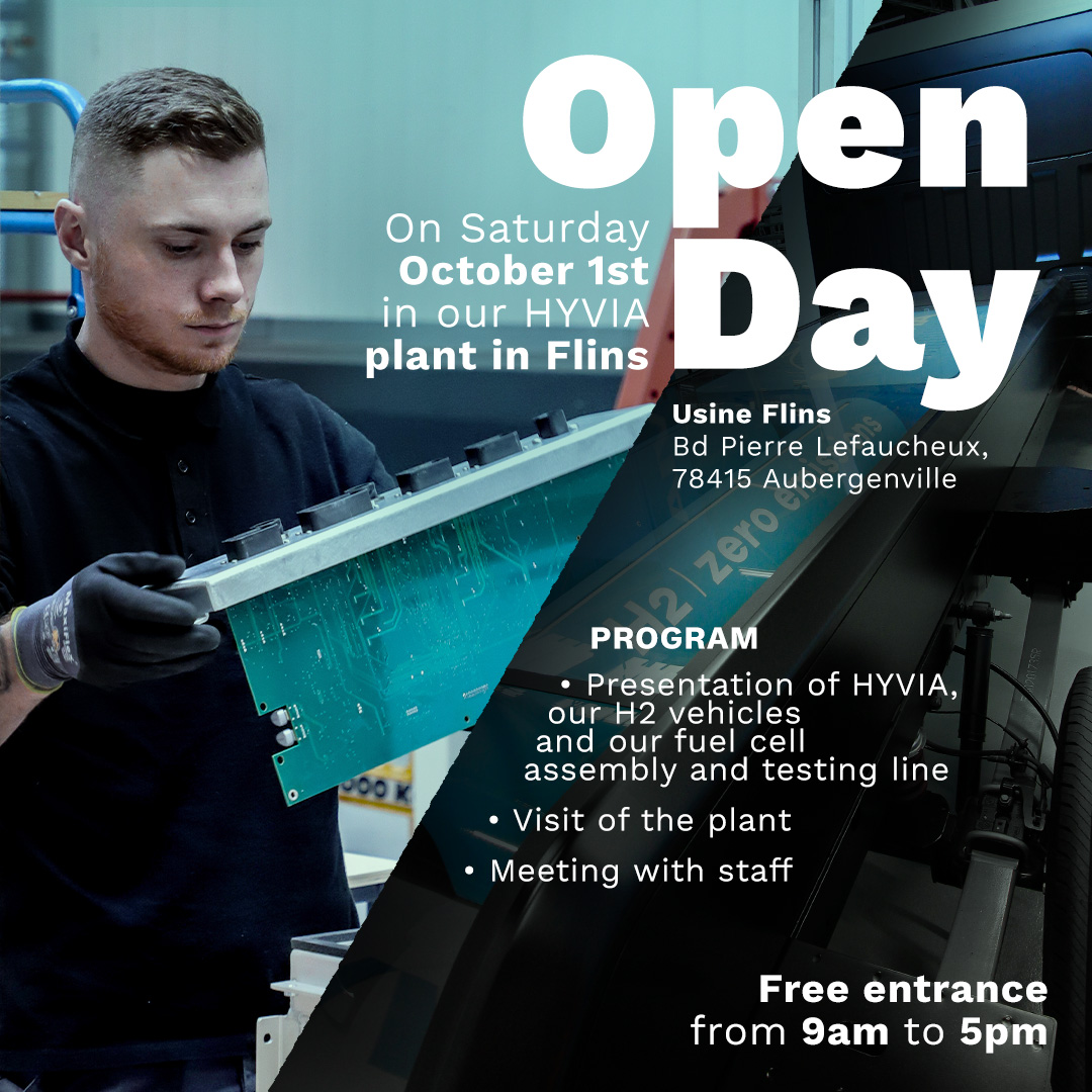HYVIA_Official's tweet photo. Open Day on Saturday October 1st in our HYVIA plant in Flins: free entrance from 9am to 5pm, presentation of HYVIA, our H2 vehicles and our fuel cell assembly and testing line.

#greenhydrogen #mobility #innovation #energytransition #RenaultGroup #PlugPower https://t.co/acZvIDi6ze