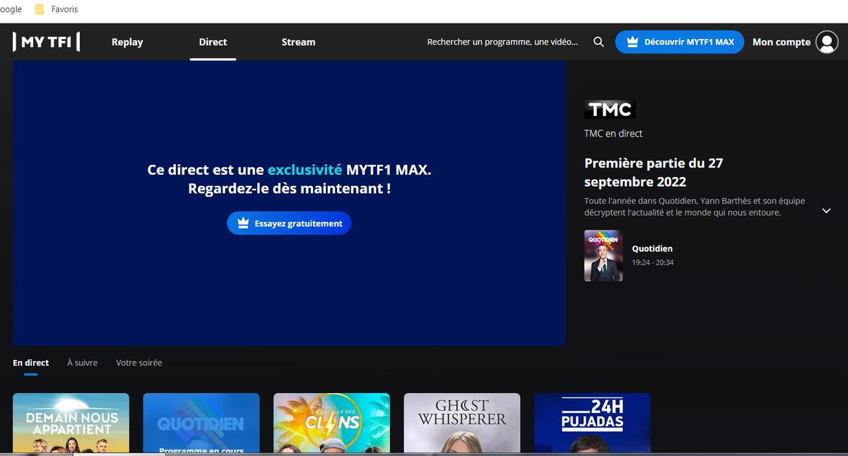 Vapjb's tweet photo. @Qofficiel @MarionVanR @AntoineBozio @TMCtv Impossible de voir quotidien sur mytf1 il faut payer un abo MyTF1Max. Vous vous foutez de nous ou quoi ? https://t.co/oYtxvUfNEn