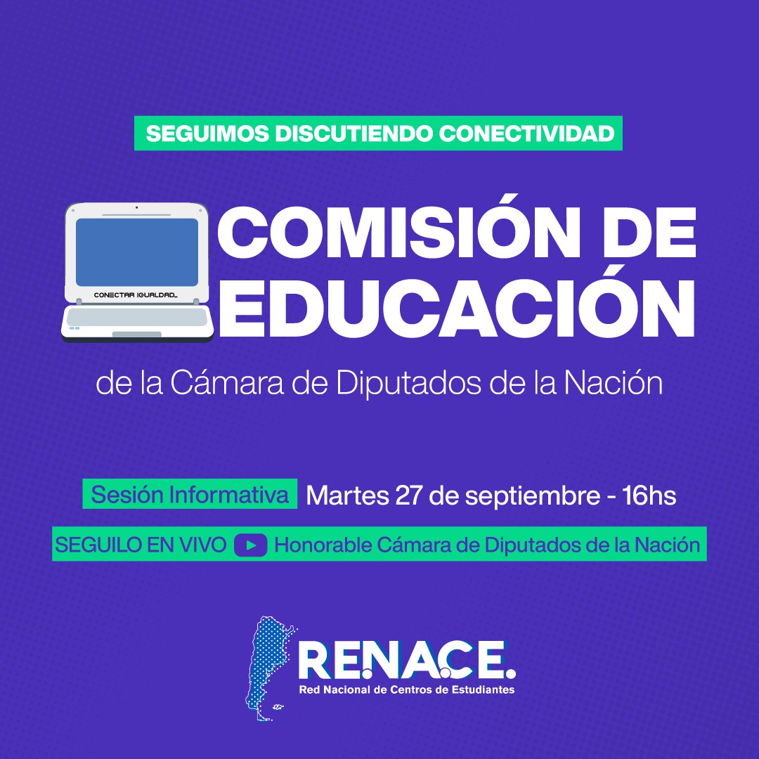 RENACEarg's tweet photo. 💻 • DISCUTIMOS CONECTIVIDAD EN EL CONGRESO

📲 Seguí en vivo la comisión de Educación de la Cámara de Diputados de la Nación, donde vamos a estar explicando y debatiendo el proyecto de ley de Conectividad.

Sumate a las 16hs por YouTube! ✨

@tomiledesmaok 
@LuciMasin https://t.co/hCHprRvS8D