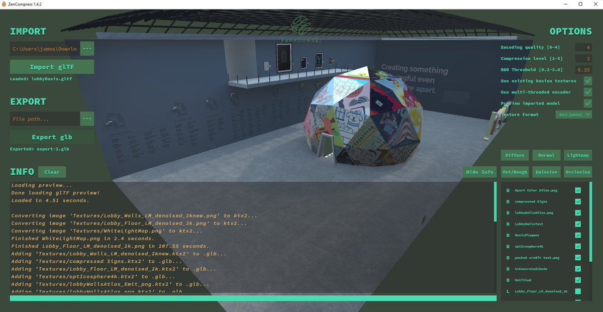 After merging <a href="/glTF3D/">glTF 3D</a> KTX2 texture compression into <a href="/aframevr/">A-Frame</a>, this week <a href="/paracreative/">Paradowski Creative</a> will open source its GUI tool ZenCompress by our lead WebXR dev <a href="/CHROME_noise/">CHROMENOISE</a>!

Easily bake KTX2 into your asset pipeline, toggle individual textures, pick ETC1S/UASTC &amp; more 🖼️🗜️

Out 9/29...