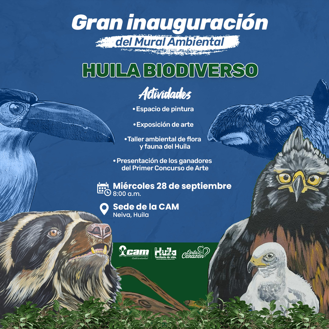 CAMHUILA's tweet photo. #AgendaCAM ✍️| Los invitamos a participar 🙋♀️🙋♂️de la inauguración del #MuralAmbiental #HuilaBiodiverso, que está ubicado en nuestro Sendero de Interpretación Ambiental del Alto Magdalena #SENDICAM #Neiva. Los esperamos este miércoles 28 de septiembre a las 8:00 a.m. 👇 https://t.co/wlfgRgZWar