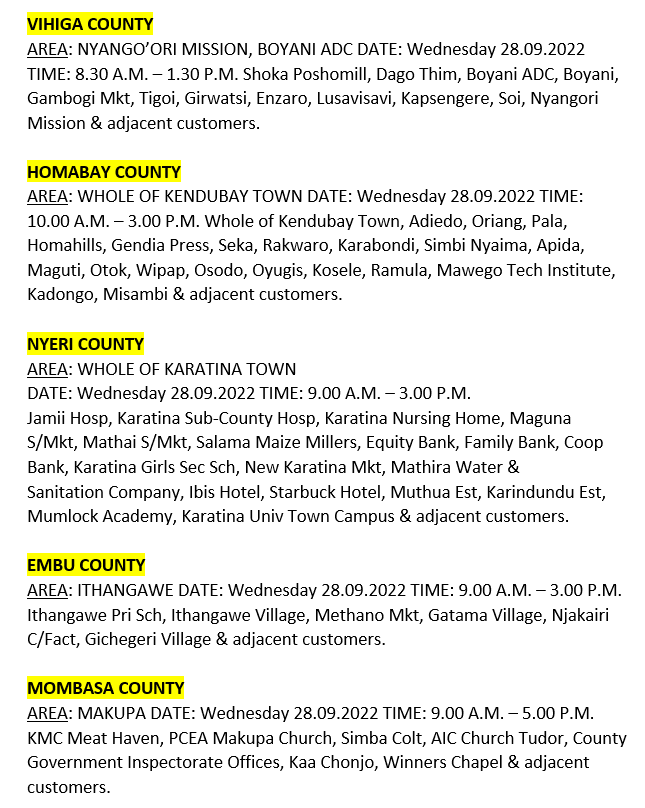 KenyaPower_Care's tweet photo. Hello, these areas will be affected by planned power interruptions tomorrow: ^BT https://t.co/kWFgXqWpKU