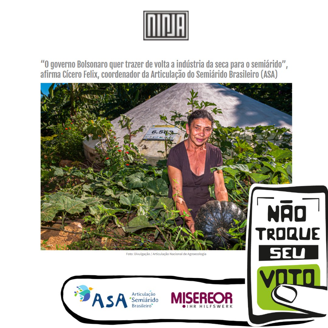 Já leu entrevista concedida por Cícero Félix, da ASA, ao Mídia Ninja?
bityli.com/fqhggMEg 

Domingo (02) é preciso votar em quem defende as políticas de convivência com o Semiárido e DIZER NÃO aos que tem contribuído com a destruição do que já havíamos conquistado.