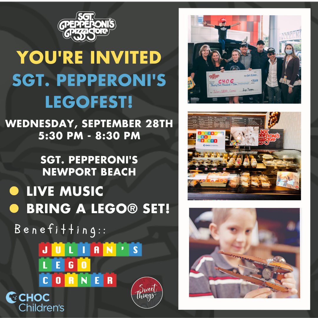 This just in... The ownership group at Sgt. Pepperoni's just announced that 50% of ALL sales from ALL stores, ALL day on Wednesday, September 28th, will be donated to Julian's LEGO® Corner at CHOC! 🍕❤️🎉

To donate online: loom.ly/9L-XrGs