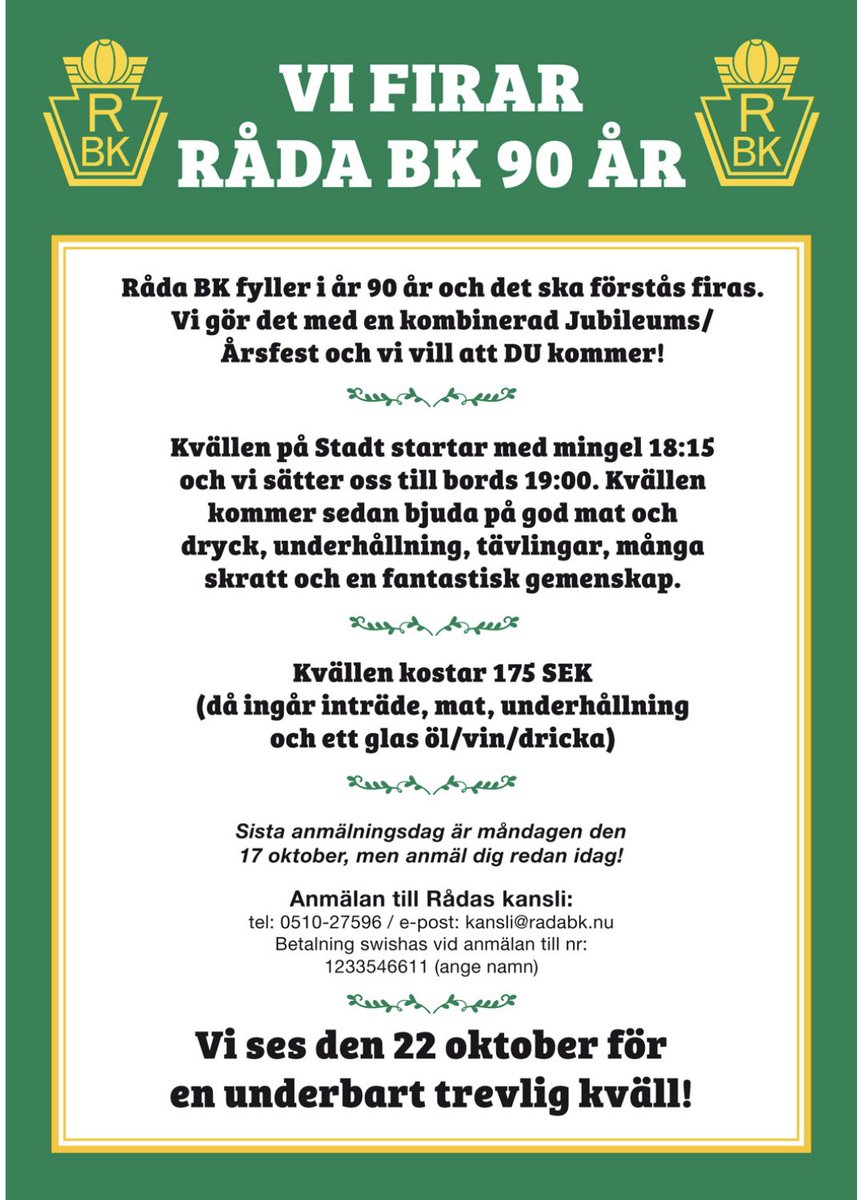 radabkdam's tweet photo. Det är dags för jubileumsfest. Klappar ditt hjärta grönvitt? Då är du varmt välkommen på Råda BK’ 90-års jubileum 💚🤍 https://t.co/KrvVJVt6uF