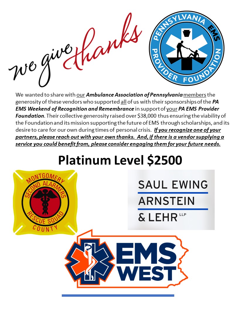 HeatherSharar's tweet photo. Thank you for helping the PA EMS Provider Foundation achieve over $42,000 in Sponsorships and Donations!  If you do business with any of these vendors or organizations, PLEASE let them know you saw their support and appreciate it! https://t.co/9NSKGXm32s