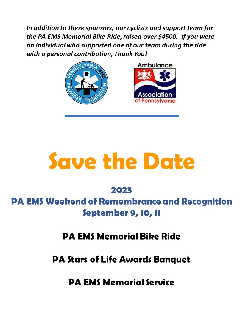 HeatherSharar's tweet photo. Thank you for helping the PA EMS Provider Foundation achieve over $42,000 in Sponsorships and Donations!  If you do business with any of these vendors or organizations, PLEASE let them know you saw their support and appreciate it! https://t.co/9NSKGXm32s
