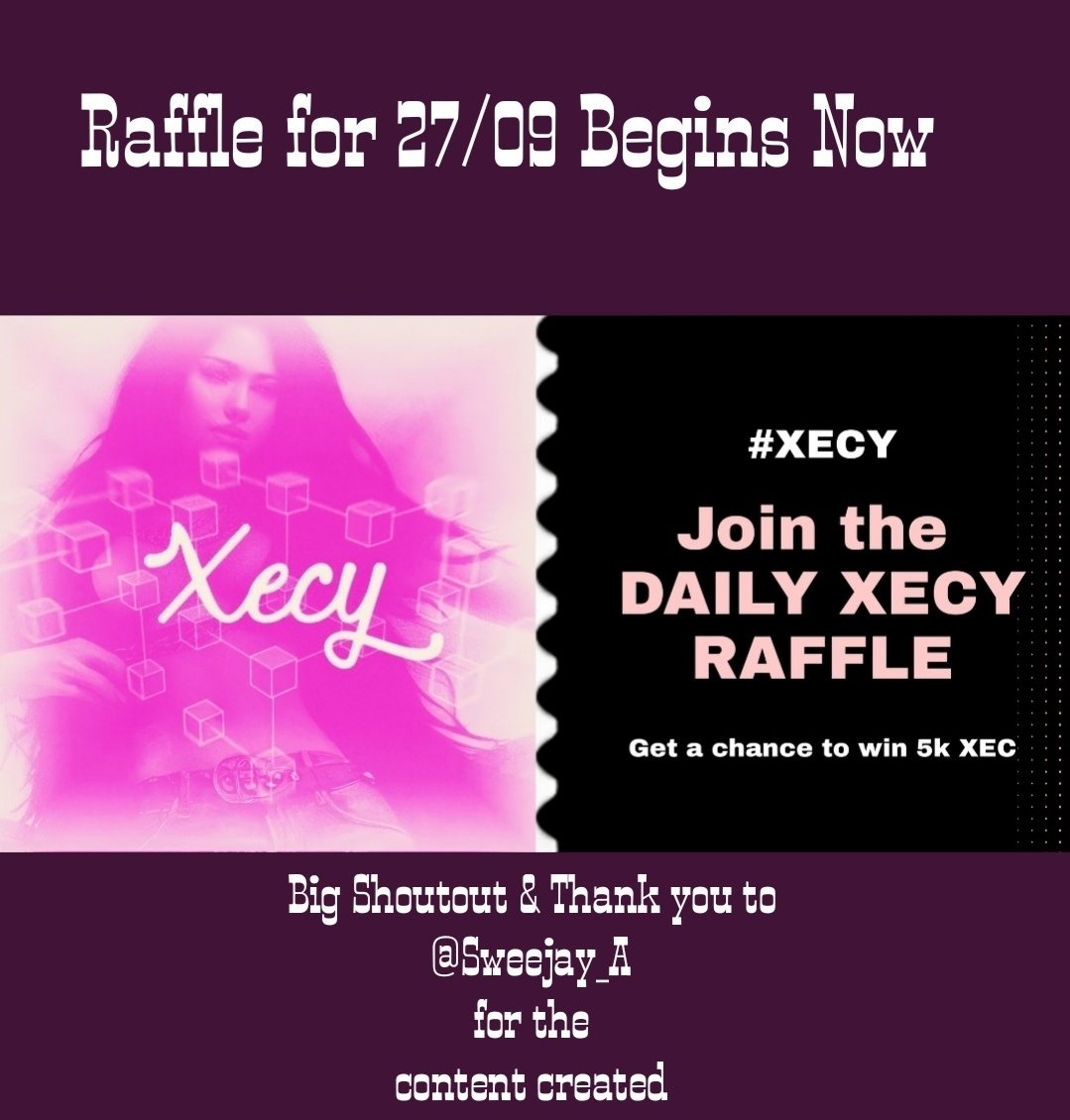 WDylad's tweet photo. Attention #Xecy ❤️ holders! The DAILY #XecyRaffle for 27/09 starts now & EVERYDAY,Join the raffle for a chance to win 5k #eCash🌐 #XEC! everyday👉Follow & mention in comments New Follower #Xecy ❤️ will be sent ready to participate👈 please 🙏Like RT Read post below for rules💙 https://t.co/2hlyIdRV6r