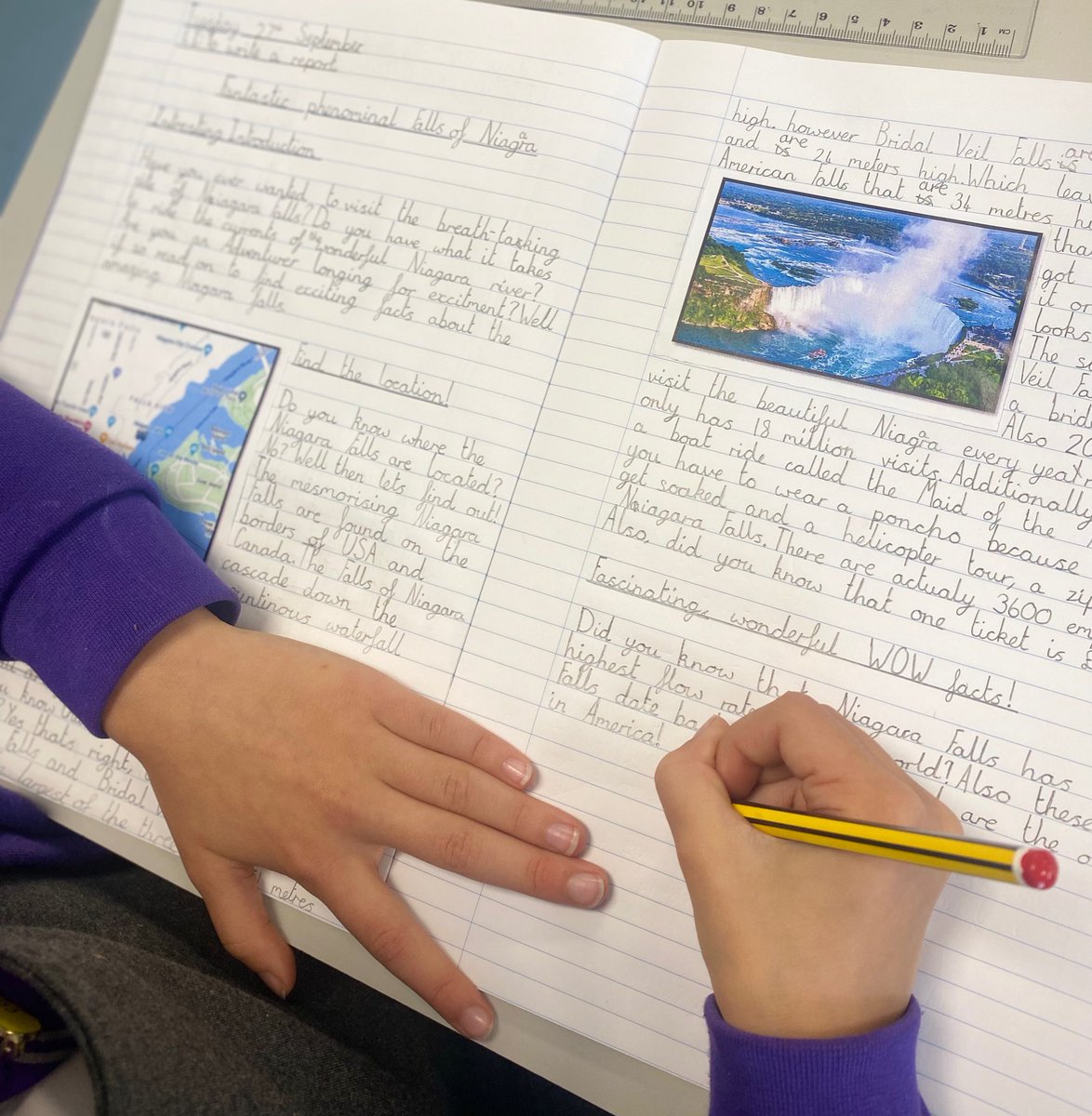 BirchwoodCE's tweet photo. 🖊 Year 5 have been researching Niagara Falls and today have written non-chronological reports on the spectacular landmark. This is to help with our current text in our writing sessions. They have worked so hard on these - more pictures to come! @TheLCUK #bcepswriting #bcepsy5 https://t.co/zHYbzZbECA
