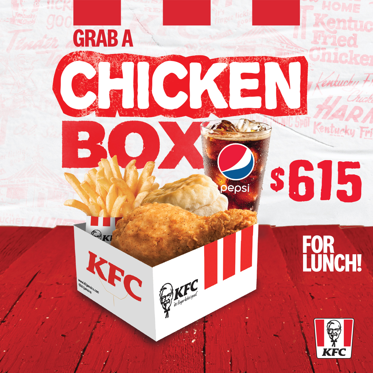 kfcjamaica's tweet photo. Lunchtime is better when you can save! 😀 So grab a KFC Chicken Box Combo! 🍗😋
A piece of delicious chicken, fries, biscuit and Pepsi, all for just $615! Save... Eat... Enjoy!
#KFC #KFCJamaica #ChickenBox #ChickenBoxCombo #KFCLunchtime #LunchDeal #FeelHappyToSave https://t.co/sjZnBdHxWx