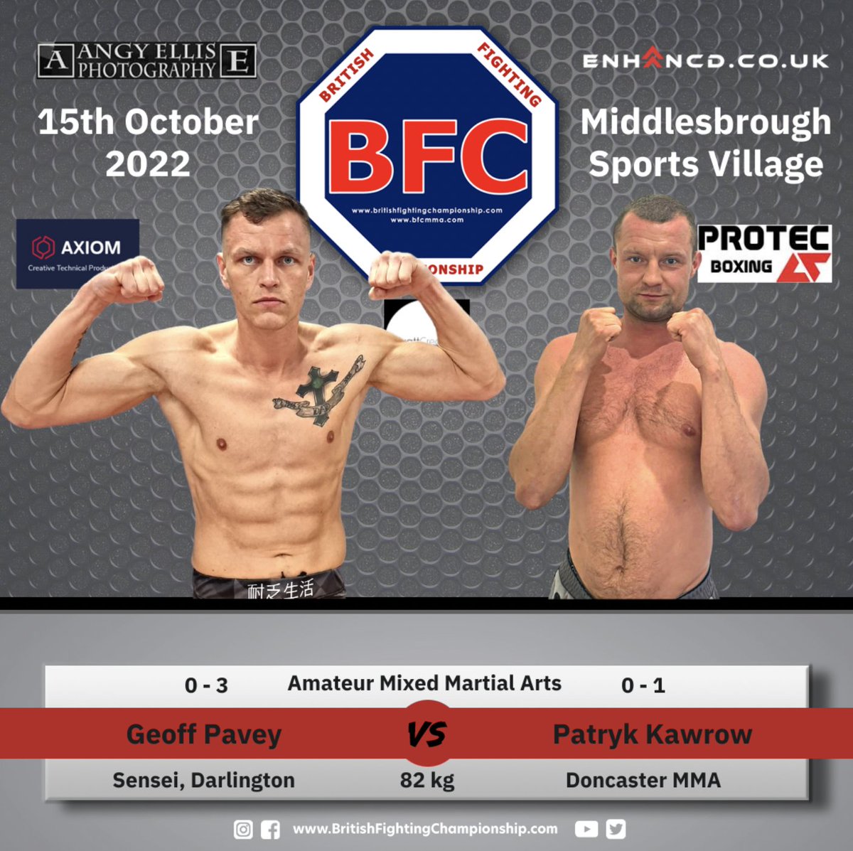 BritishFighting's tweet photo. Geoff Pavey 0-3 vs Patryk Kawrow 0-1
Sensei Darlington vs Doncaster MMA
Geoff lost his 1st fight, a split decision to David Winiarski. No shame there. both always come to fight, one of them will be rewarded with a win.
3x3 mins of Amateur MMA at 82kg
#bfc3 #MMATwitter #mmaevents https://t.co/TQDMJlNSTa