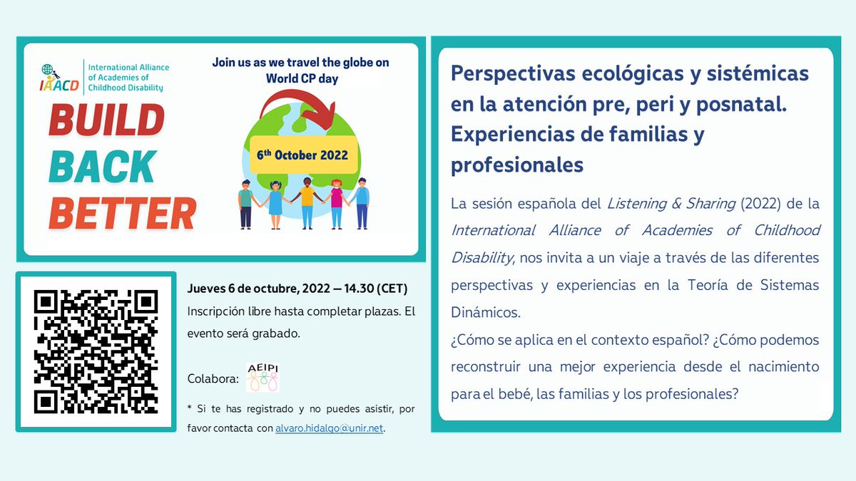 Tenemos el placer de anunciaros la colaboración con International Alliance of Academies of Childhood Disability.  <a href="/IAACDtweets/">IAACD</a>

Perspectivas ecológicas y sistémicas en la atención pre, peri y posnatal. Experiencias de familias y profesionales

#atenciontemprana