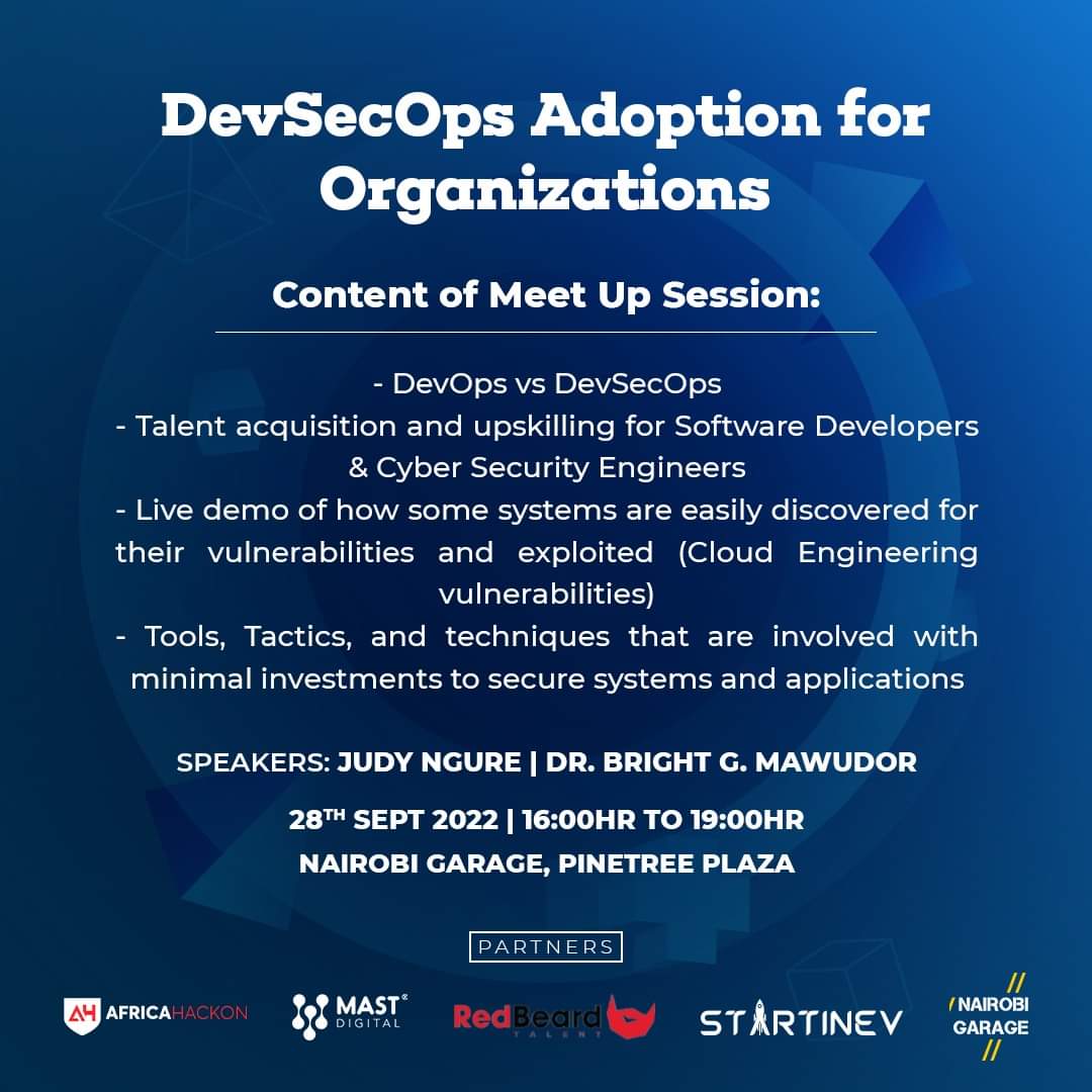 mast_digital's tweet photo. Join us tomorrow @NairobiGarage, as we discuss DevSecOps for organizations.
Karibuni.
@AfricaHackon, @ Red Beard, @startinev,
#MastDigital #CyberSecurity #DevSecOps https://t.co/OOeBIj4tGO